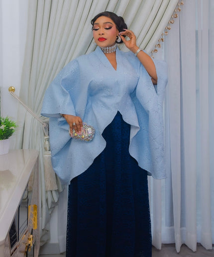 Luxury Purple Kaftan Wrap Top & Chantilly Lace Maxi Skirt Set for Wedding Guest Mother of The Bride Birthday Dinner Cocktail Party Church Gala Anniversary Photoshoot Outfit Rich Auntie Boubou