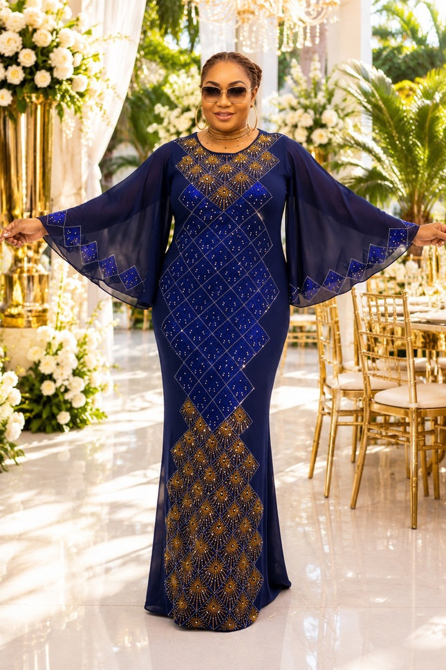 Sparkly Blue Rhinestone Flare Sleeve Maxi Dress for Birthday Dinner Wedding Cocktail Mother of The Bride Church Gala Anniversary Party Outfit