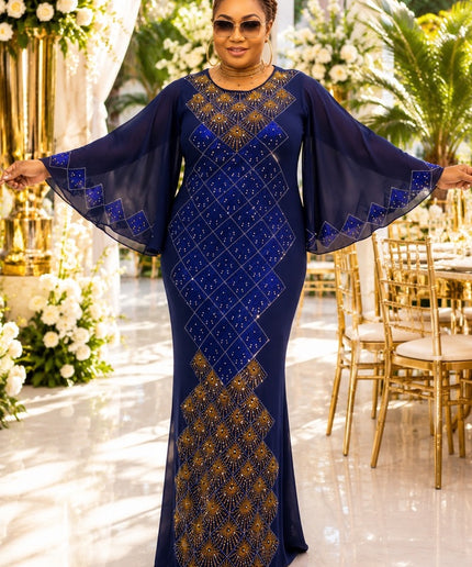 Sparkly Blue Rhinestone Flare Sleeve Maxi Dress for Birthday Dinner Wedding Cocktail Mother of The Bride Church Gala Anniversary Party Outfit