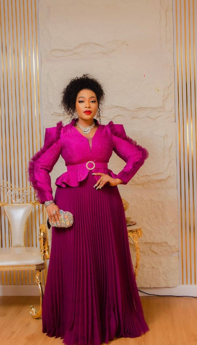 Magenta Pink Wedding Guest A-Line Dress, Peplum Ruffle Sleeve Mother of The Bride Maxi Gown Plus Size Evening Wear