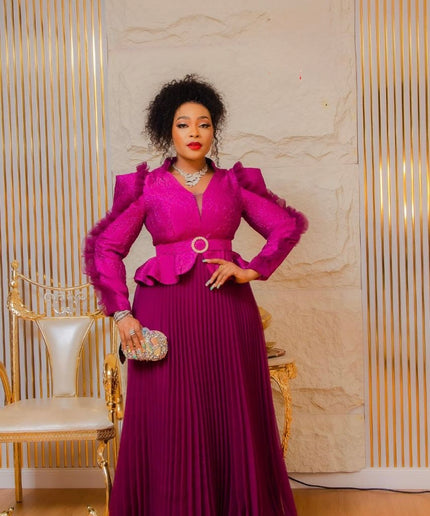 Magenta Pink Wedding Guest A-Line Dress, Peplum Ruffle Sleeve Mother of The Bride Maxi Gown Plus Size Evening Wear