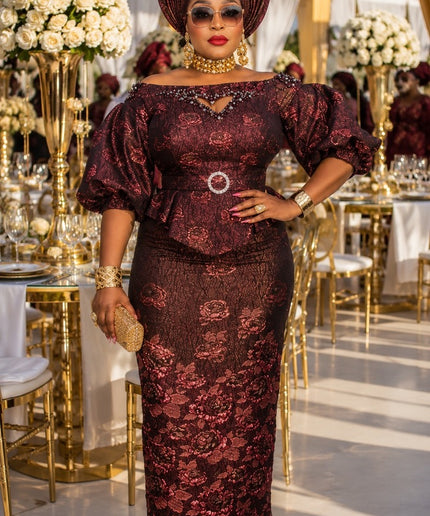 Purple Brocade Off-The-Shoulder Rhinestone Peplum Top & Skirt Set  - Wedding Guest Birthday Celebrant Cocktail Reception Mother of The Bride Outfit