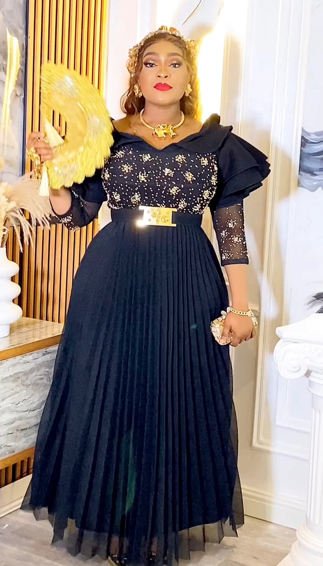 Embellished Pleated Maxi Gown - Wedding Guest Birthday Party Gala
