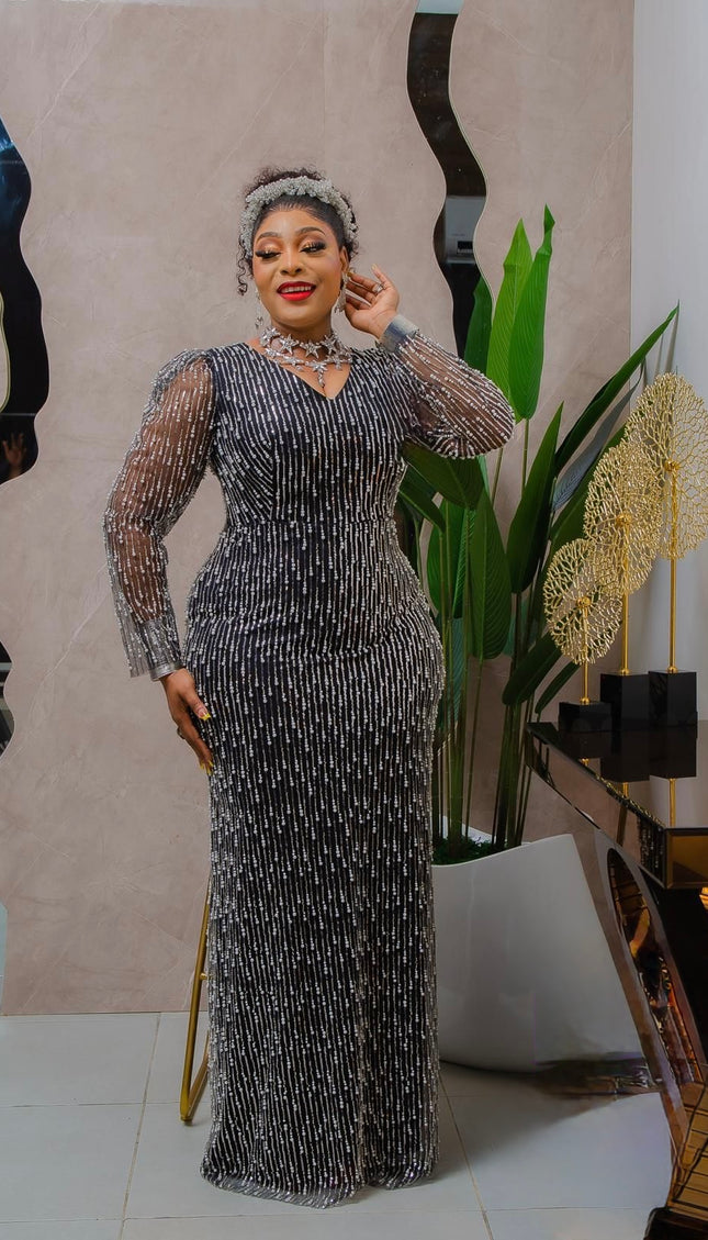 Elegant Blue Embellished Long Sleeve Maxi Dress for Mother of The Bride Wedding Guest Party Cocktail Engagement Gala Ceremony