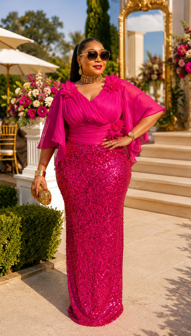 "Golden Hour Glam" Sequin Flare Sleeve Floral Maxi Dress for Mother of The Groom Bridal Photoshoot Formal Evening Gown Special Occasion Plus Size