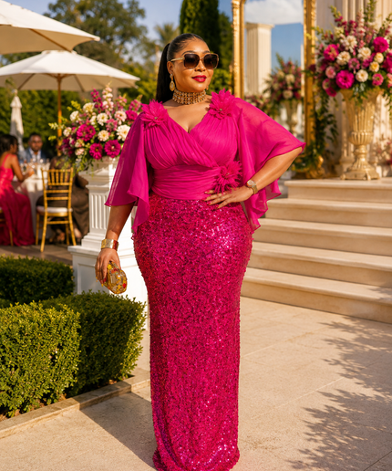 "Golden Hour Glam" Sequin Flare Sleeve Floral Maxi Dress for Mother of The Groom Bridal Photoshoot Formal Evening Gown Special Occasion Plus Size