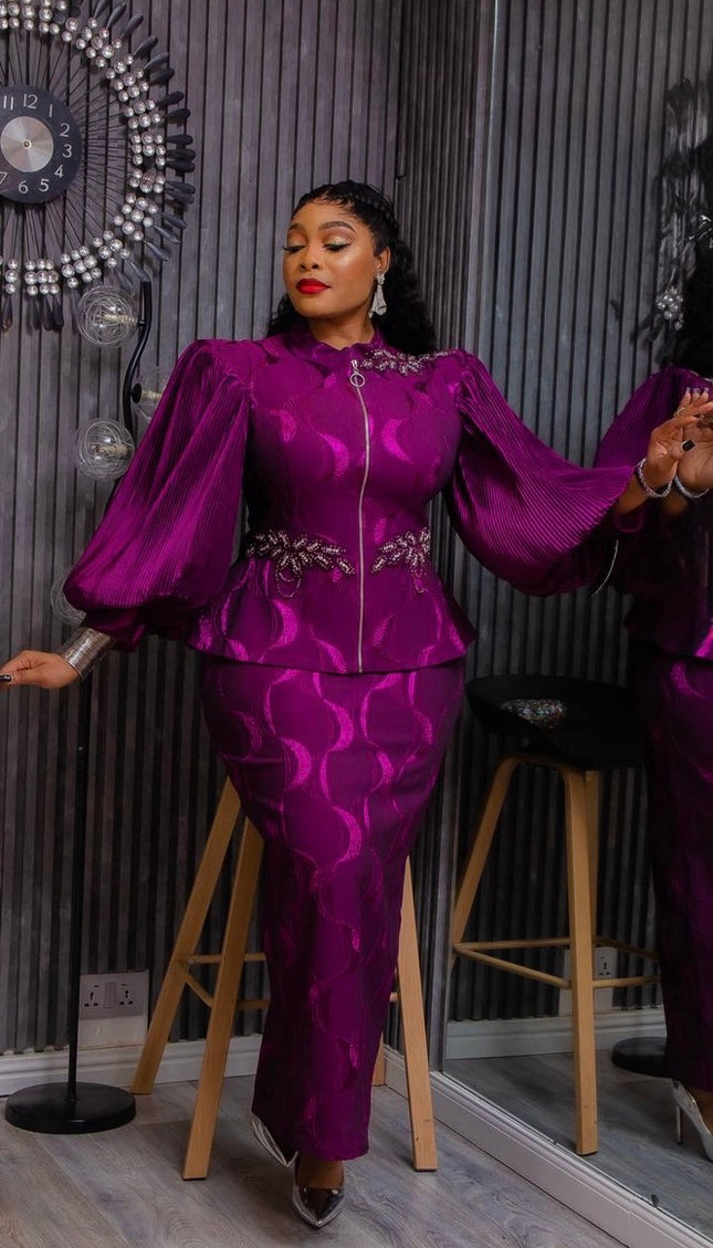 Classy Bishop Sleeve Brocade Appliquè Top & Skirt, 2-Piece Set: Wedding Guest Mother of The Bride Graduation