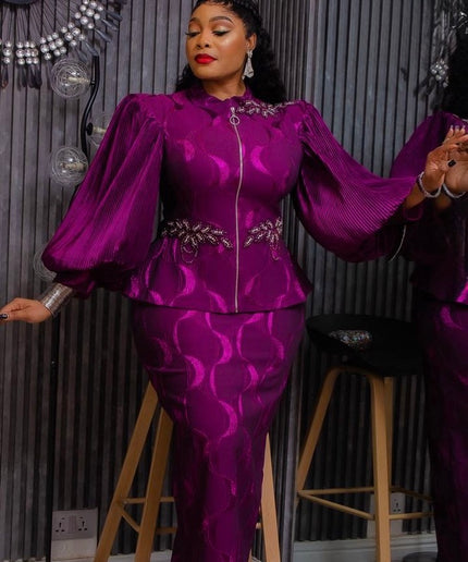 Classy Bishop Sleeve Brocade Appliquè Top & Skirt, 2-Piece Set: Wedding Guest Mother of The Bride Graduation