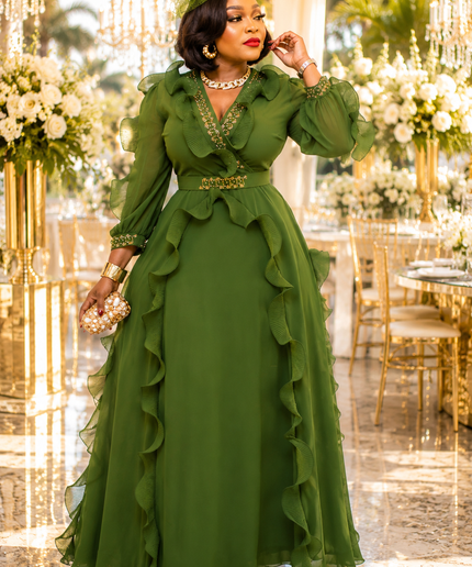 Luxury Lemon Green Rhinestone Ruffle Maxi Dress Summer Wedding Guest Birthday Cocktail Reception Dinner Church Anniversary Party Outfit
