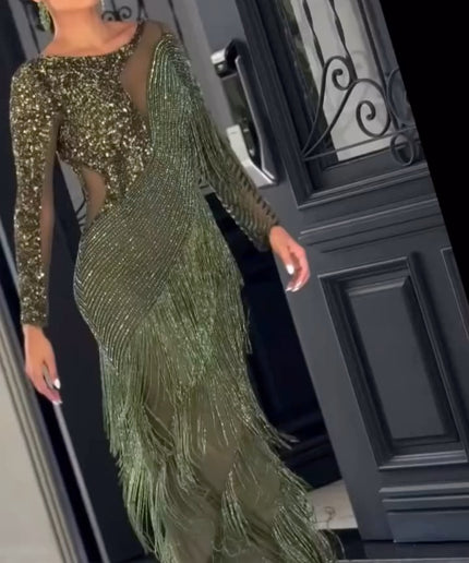 Fringe Crystal Hand Beaded Maxi Dress | Birthday Party Wedding Guest Graduation Gala