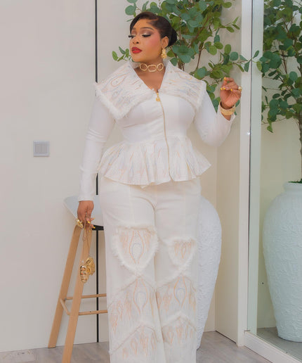 Denim & Diamonds 2-Piece Set, Matching Rhinestone Peplum Top + Wide-Leg Pants,  Glam Statement Birthday Outfit