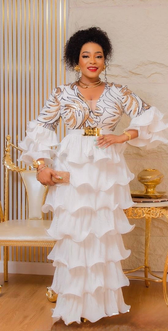 White and Gold Sequin Party Dress, Tiered Waterfall Ruffles Long Maxi Plus Size Mother of The Bride Gown, Cocktail Graduation Dinner Gala