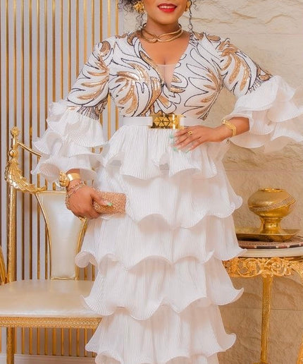 White and Gold Sequin Party Dress, Tiered Waterfall Ruffles Long Maxi Plus Size Mother of The Bride Gown, Cocktail Graduation Dinner Gala