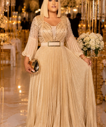 Glamorous Gold Embellished Wide Sleeve Pleated Maxi Dress, Floor Length Formal Evening Gown for Mother of The Bride Wedding Guest Cocktail Gala Anniversary Plus Size