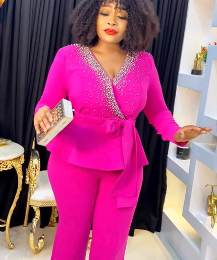 Pink Embellished Jumpsuit Palazzo Wide-Leg Pants: Wedding Guest Birthday Party Engagement Ceremony Sunday Service