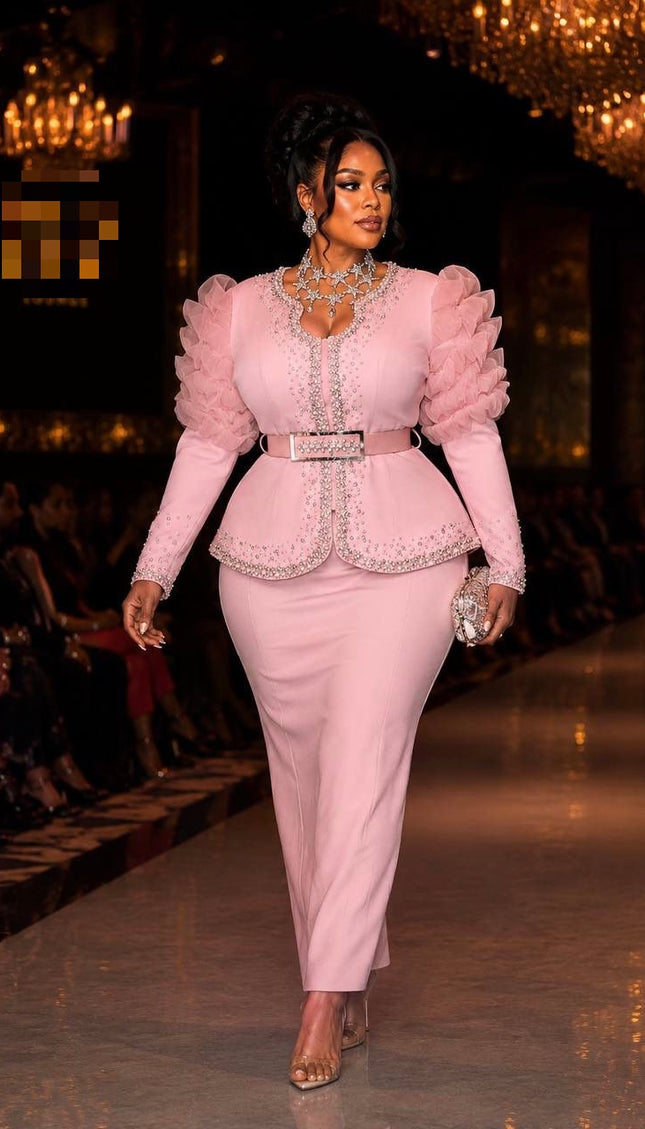 Pink Ruffle Sleeve Rhinestone Embellished 2-Piece Suit Skirt Set, Wedding Guest Mother of The Bride