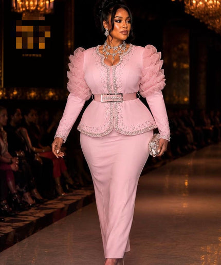 Pink Ruffle Sleeve Rhinestone Embellished 2-Piece Suit Skirt Set, Wedding Guest Mother of The Bride