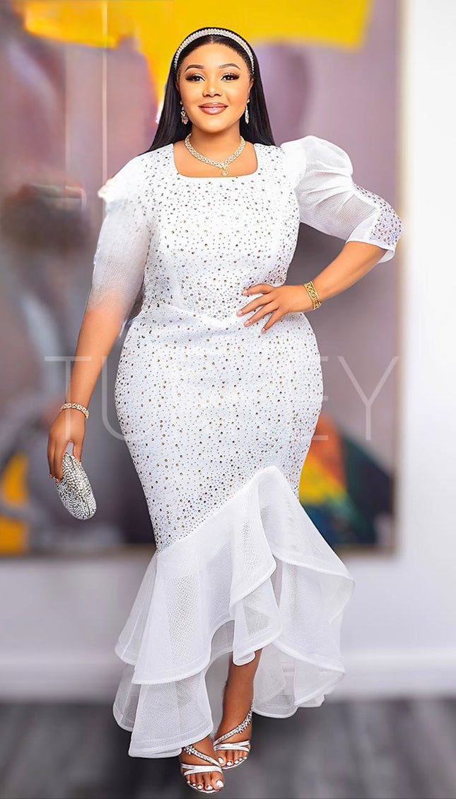 Embellished Mother of The Bride Dress White Maxi Tiered Ruffles, Wedding Guest Party Cocktail