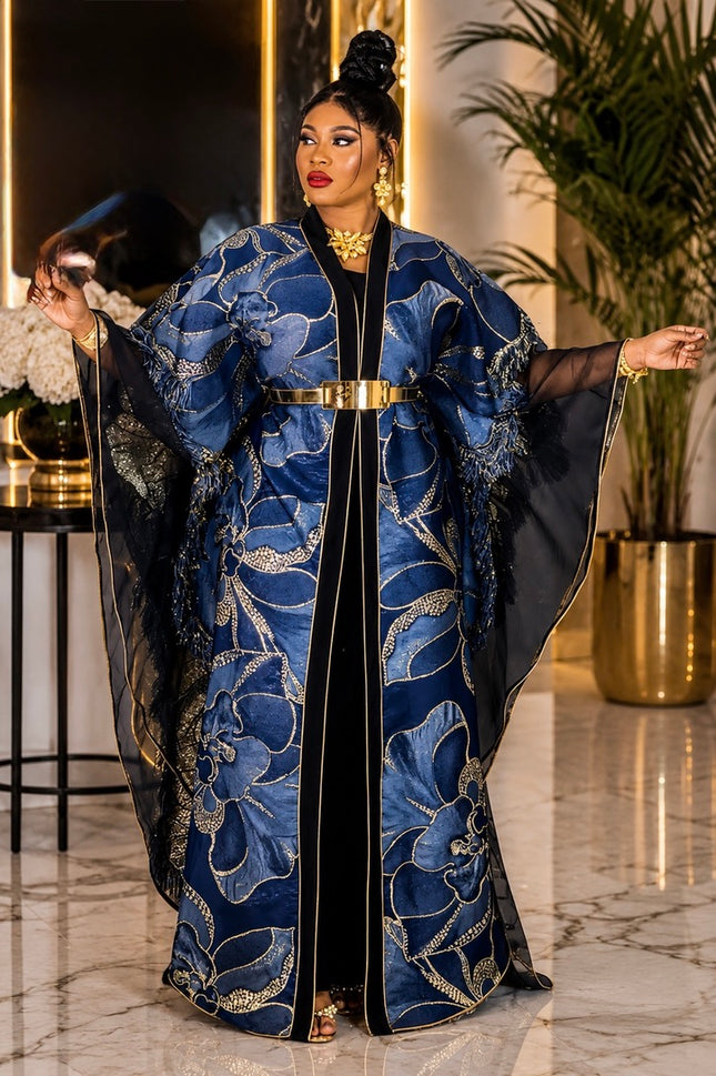 Luxury Blue Brocade Kaftan Dress 2-Piece Set, Formal Wedding Guest Mother of The Bride Graduation Church Gala Anniversary Plus Size Party Outfit