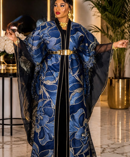 Luxury Blue Brocade Kaftan Dress 2-Piece Set, Formal Wedding Guest Mother of The Bride Graduation Church Gala Anniversary Plus Size Party Outfit