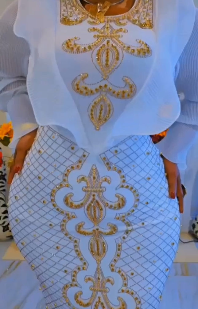 White and Gold Beaded Ruffle Maxi Dress for Engagement Party Wedding Guest Birthday Photoshoot