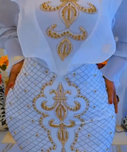 White and Gold Beaded Ruffle Maxi Dress for Engagement Party Wedding Guest Birthday Photoshoot