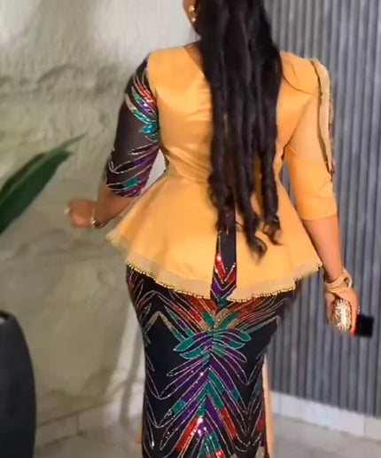 Gold Sequin Peplum Mermaid Dress, Formal Evening Gown: Mother of The Bride Birthday Party Gala Wedding Guest