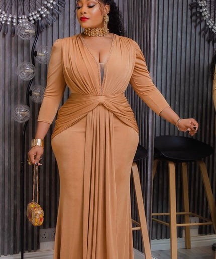 Red Embellished Draped Ruched Maxi Dress