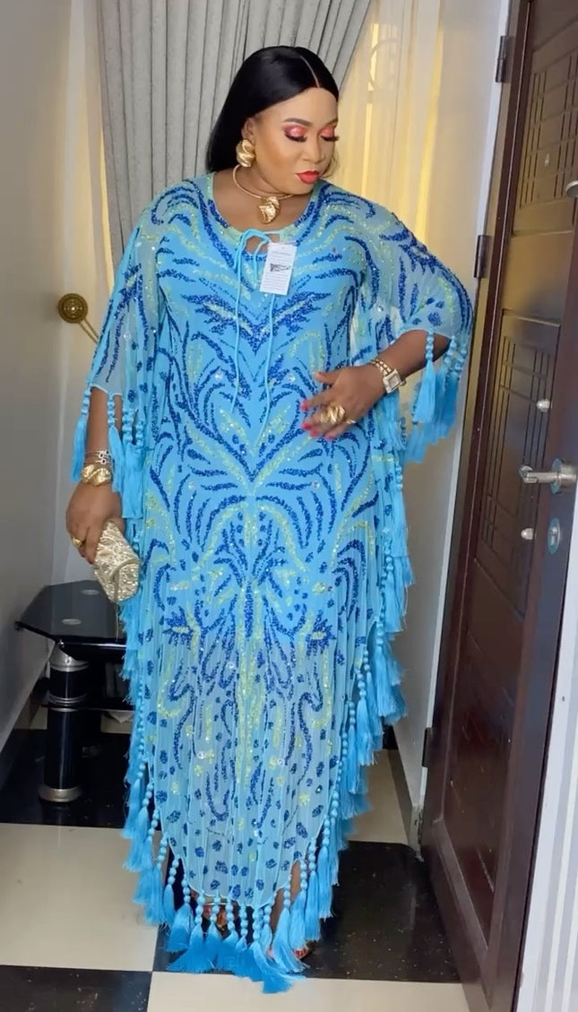 Tassel Embellished Beaded Kaftan Dress | Wedding Guest Birthday Party
