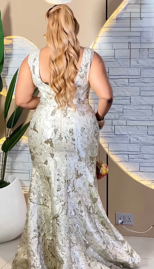 Sleeveless Embellished Metallic Floral Brocade Mermaid Gown - Wedding Guest Mother of The Bride Dress Cocktail Reception Birthday Party Celebrant Photoshoot