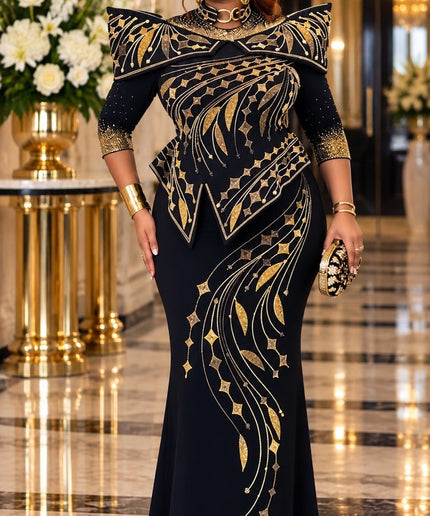 Black Rhinestone Structured Shoulder Maxi Dress for Party Wedding Guest Church Gala Holiday Cocktail Reception Plus Size