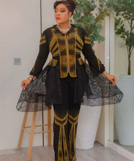 Navy Blue Rhinestone Stretch Top & Split Pants, 2-Piece Set Birthday Party Outfit Wedding Guest Anniversary Cocktail Dinner