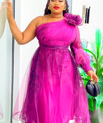 One Shoulder Gold Summer Wedding Guest Dress, Curvy Mother of The Bride A Line Dress Rosette Tea Length Twirl Midi, Plus Size Party Cocktail Gala