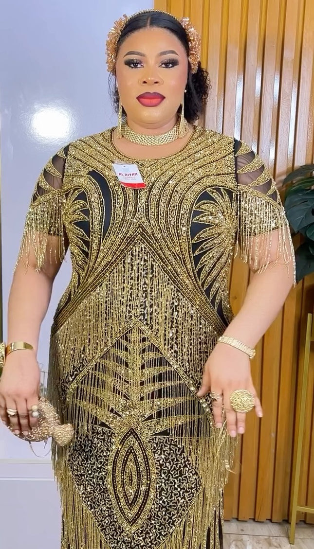 Embellished Gold Fringe Dress | Mother of The Bride Birthday Party Prom Bridal