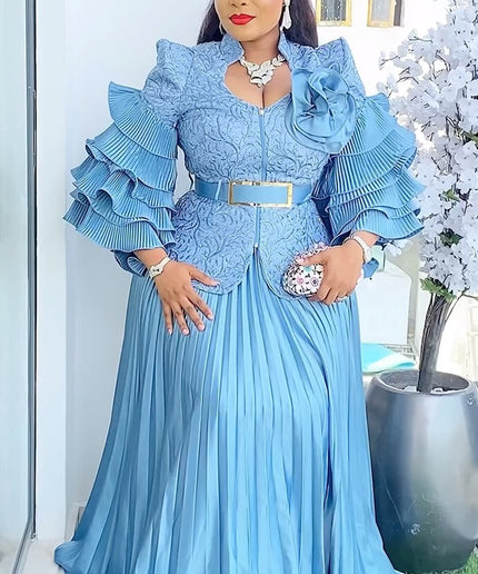 Ruffle Sleeve Pleated A-Line Gown | Mother of The Bride Wedding Guest Birthday Party