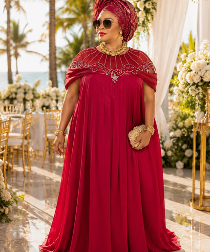 Brown Embellished Cold-Shoulder Kaftan Dress, African Bubu Wedding Guest Attire Celebrant Birthday Cocktail Reception  Dinner Formal Evening Gown