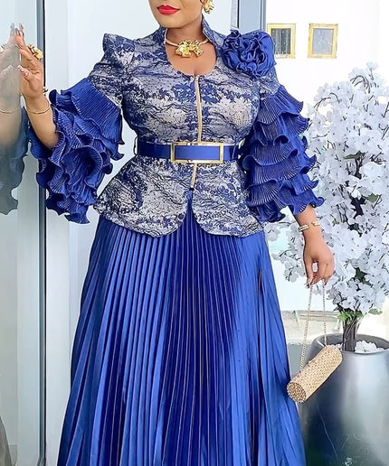 Ruffle Sleeve Pleated A-Line Gown | Mother of The Bride Wedding Guest Birthday Party