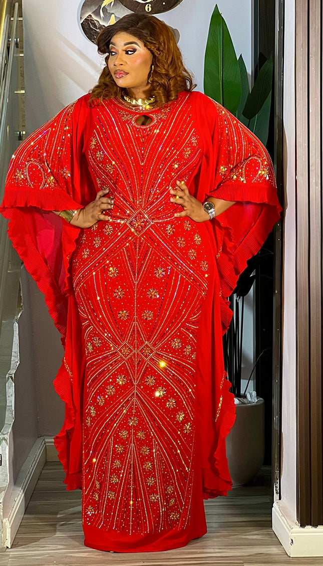 Sparkly Red Rhinestone Ruffle Kaftan African Bubu Wedding Attire Birthday Naming Ceremony Church Anniversary Party Dress