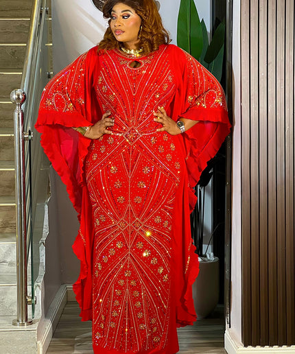 Sparkly Red Rhinestone Ruffle Kaftan African Bubu Wedding Attire Birthday Naming Ceremony Church Anniversary Party Dress