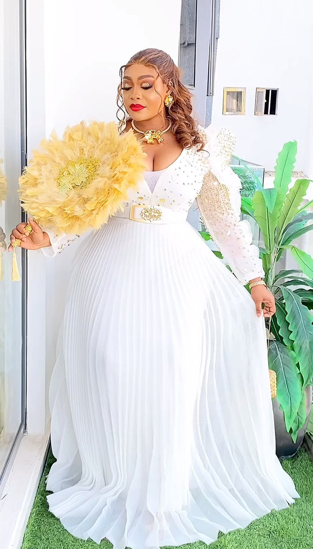 White Embellished Pleated A-Line Evening Gown