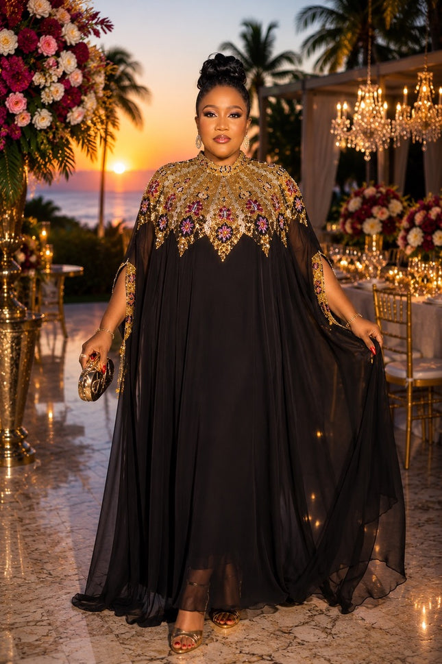 "Talk of The Party" Black Beaded Chiffon Kaftan Maxi Dress, Long Formal Evening Gown for Wedding Guest Mother of The Bride Gala Anniversary Cocktail Party 2-Piece Outfit