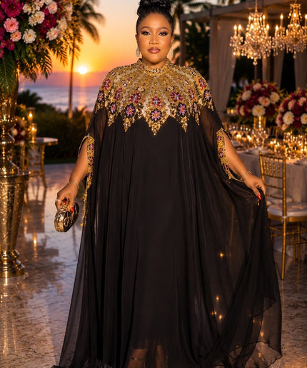 "Talk of The Party" Black Beaded Chiffon Kaftan Maxi Dress, Long Formal Evening Gown for Wedding Guest Mother of The Bride Gala Anniversary Cocktail Party 2-Piece Outfit