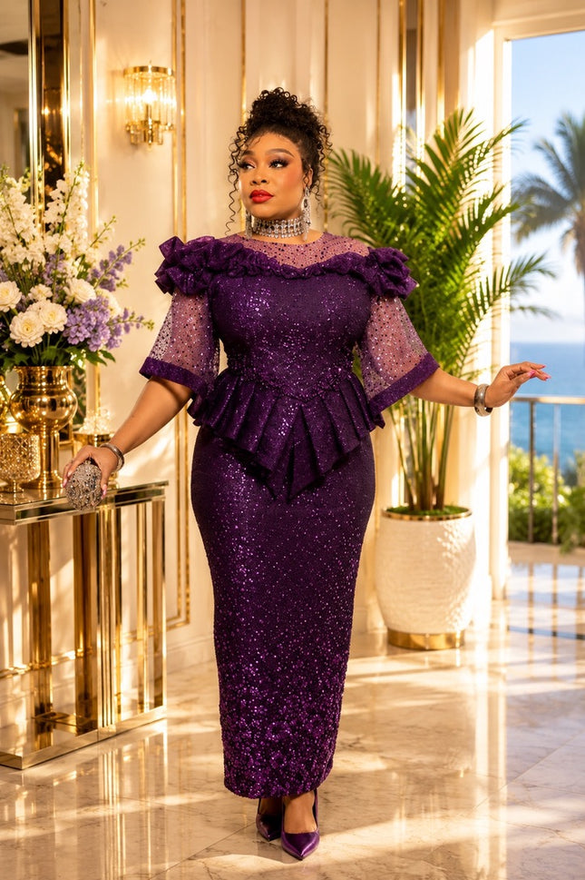 Standout Purple Sequin Embellished Ruffle Peplum Top & Skirt Set for Mother of The Bride Wedding Guest Celebrant Birthday Party Cocktail Reception Church Anniversary