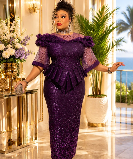 Standout Purple Sequin Embellished Ruffle Peplum Top & Skirt Set for Mother of The Bride Wedding Guest Celebrant Birthday Party Cocktail Reception Church Anniversary