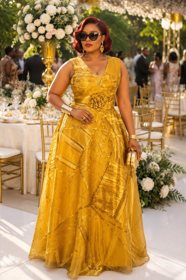 Classy Gold V-Neck Sleeveless Twirl Skater Maxi Dress for Party Summer Wedding Guest Mother of The Bride Gala Church Birthday Dinner Outfit