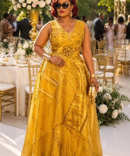 Classy Gold V-Neck Sleeveless Twirl Skater Maxi Dress for Party Summer Wedding Guest Mother of The Bride Gala Church Birthday Dinner Outfit