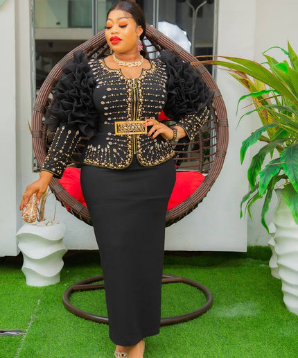 Dramatic Ruffle Sleeve Blouse Skirt Embellished Set