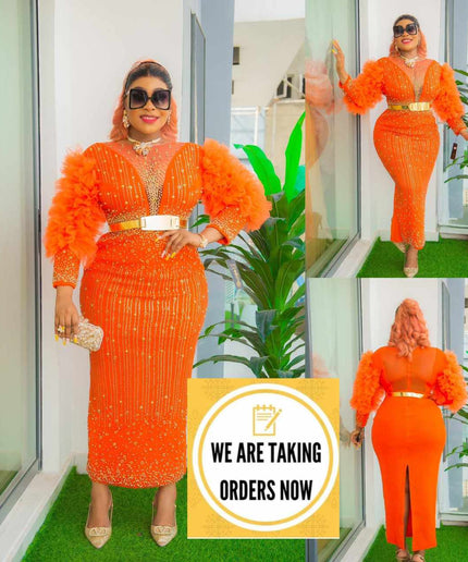 Embellished Ruffle Dramatic Sleeves Maxi Dress