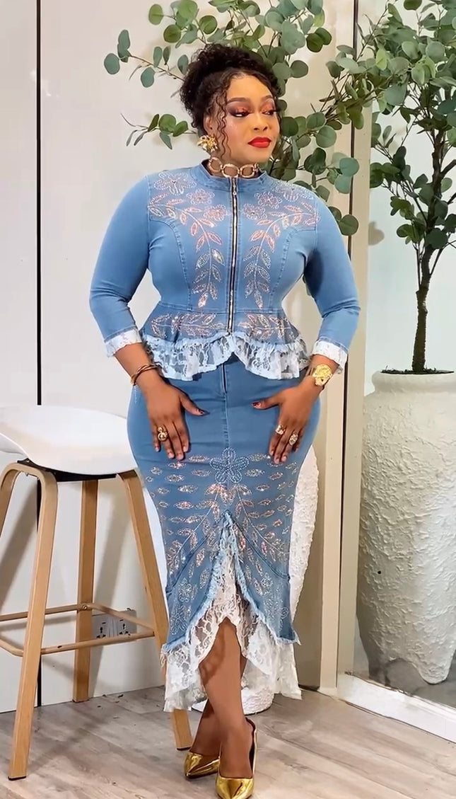 Sparkly Denim & Diamonds 2-Piece Outfit, Ruffle Lace Embellished Curvy Stretch Jeans Top and Skirt - Birthday Party Dinner Graduation