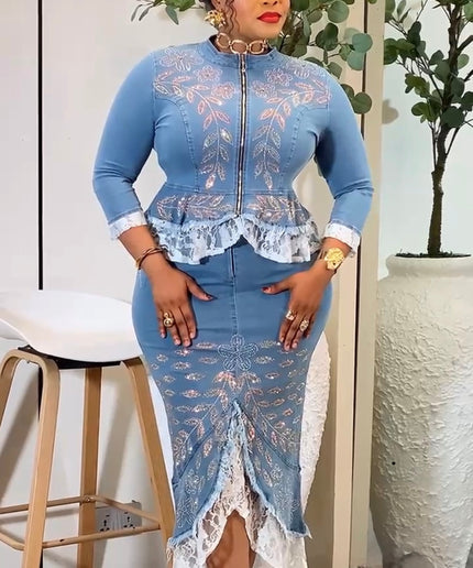 Sparkly Denim & Diamonds 2-Piece Outfit, Ruffle Lace Embellished Curvy Stretch Jeans Top and Skirt - Birthday Party Dinner Graduation